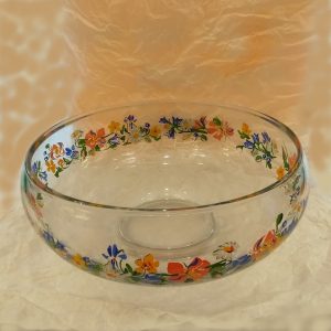 Glasskål m blommotiv